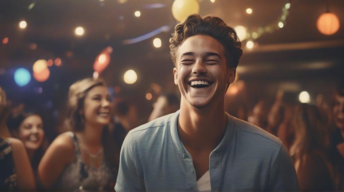 chłopak śmiejący się na imprezie